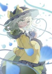  1girl black_hat blue_petals blurry bow closed_mouth collared_shirt commentary depth_of_field disembodied_linked_eye eyeball falling_petals frilled_shirt_collar frilled_skirt frilled_sleeves frills green_eyes green_hair green_skirt hat hat_bow heart heart_of_string komeiji_koishi long_hair long_sleeves looking_at_viewer petals shirt skirt solo tamagogayu1998 touhou wide_sleeves yellow_bow yellow_shirt 