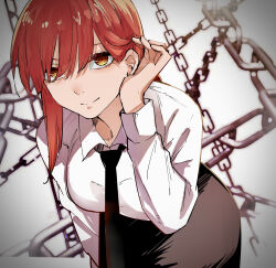 1girl adjusting_hair black_necktie black_skirt breasts chain chainsaw_man closed_mouth collared_shirt commentary_request cowboy_shot dress_shirt eyebrows_hidden_by_hair hair_behind_ear hair_between_eyes hand_up highres large_breasts leaning_forward long_hair long_sleeves makima_(chainsaw_man) mame1645 necktie orange_eyes pencil_skirt red_hair ringed_eyes shirt simple_background single_sidelock skirt smile solo split_mouth white_background white_shirt 