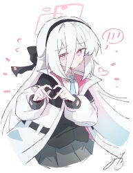  1girl absurdres black_bow black_hairband black_jacket black_vest blue_archive bow closed_mouth collared_shirt commentary cropped_torso english_commentary four-finger_heart_hands hair_between_eyes hair_bow hairband halo heart heart_hands highres jacket kei_(blue_archive) kei_(student)_(blue_archive) kerming0509 long_hair multicolored_jacket open_clothes open_jacket pink_eyes pink_halo shirt solo spoken_blush two-tone_jacket very_long_hair vest white_background white_hair white_jacket white_shirt 