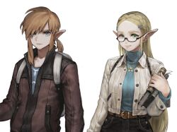  1boy 1girl alternate_costume alternate_universe arm_at_side backpack bag belt belt_buckle black-framed_eyewear black_eyeliner black_skirt blonde_hair blue_eyes blue_shirt blue_sweater book braid breasts brown_belt brown_jacket buckle casual closed_mouth collared_jacket commentary_request contemporary cropped crown_braid denim denim_skirt earrings eyeliner green_eyes hair_ornament hair_over_one_eye hairclip highres holding holding_book jacket jewelry jun_(navigavi) light_smile link lips long_hair long_sleeves looking_at_viewer looking_over_eyewear makeup medium_breasts medium_hair nose open_clothes open_jacket partially_unzipped pointy_ears ponytail princess_zelda semi-rimless_eyewear shirt sidelocks simple_background skirt smile sweater the_legend_of_zelda the_legend_of_zelda:_breath_of_the_wild triforce_necklace turtleneck turtleneck_sweater unbuttoned unbuttoned_sleeves upper_body white_background white_bag white_jacket 