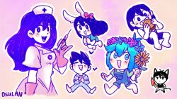  2girls 4boys alternate_costume animal_ears antenna_hair aubrey_(headspace)_(omori) aubrey_(omori) barefoot basil_(headspace)_(omori) basil_(omori) black_eyes black_hair black_tank_top blue_overalls blue_shirt blush bow bright_pupils brother_and_sister brothers burger cat_boy cat_ears cat_tail checkered_clothes chibi closed_eyes closed_mouth colored_skin commentary double-parted_bangs expressionless flower flower_wreath food gloves green_eyes green_hair green_shirt hair_behind_ear hair_between_eyes hair_bow hat head_wreath hero_(headspace)_(omori) hero_(omori) highres holding holding_burger holding_flower holding_food holding_knife holding_syringe kel_(headspace)_(omori) kel_(omori) kemonomimi_mode knife long_hair long_shirt long_sleeves looking_at_viewer mari_(headspace)_(omori) mari_(omori) multiple_boys multiple_girls nurse nurse_cap omori omori_(omori) open_mouth osulan overall_shorts overalls pajamas pants pink_bow pink_gloves purple_hair purple_shorts rabbit_ears rabbit_girl rubber_gloves shirt short_sleeves shorts siblings sidelocks smile striped_clothes striped_pajamas striped_pants sunflower syringe t-shirt tail tank_top teeth upper_teeth_only vertical-striped_clothes vertical-striped_pajamas vertical-striped_pants violet_eyes white_pupils white_skin 