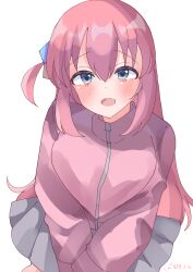  1girl absurdres ahoge artist_logo blue_eyes blush bocchi_the_rock! breasts commentary_request cube_hair_ornament dated from_above gotoh_hitori hair_between_eyes hair_ornament highres jacket kurosak34412413 logo long_hair looking_at_viewer looking_up open_mouth own_hands_together pink_hair pink_jacket pleated_skirt side_ahoge skirt smile solo upper_body white_background 