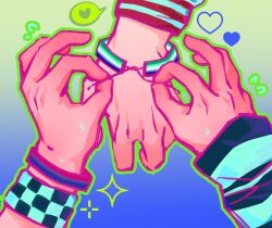  2boys alien_stage arm_warmers bisexual_flag blue_background bracelet checkered_wristband commentary english_commentary gay_male_pride_flag gradient_background green_background hand_focus heart highres ice.breadd ivan_(alien_stage) jewelry lgbt_pride multiple_boys spoken_heart striped_arm_warmers till_(alien_stage) wristband 