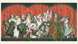  5boys 6+girls ^_^ absurdres alternate_costume arknights baggy_clothes black_dress black_hair black_pants blonde_hair blue_hair brown_hair brown_shoes cat champagne_flute chinese_commentary chongyue_(arknights) closed_eyes commentary_request confetti cup curtains dragon_boy dragon_girl dragon_horns dress drinking_glass drunk dusk_(arknights) fan_mu_zhang formal_clothes full_body green_hair highres horns incredibly_absurdres jacket ji_(arknights) jie_(arknights) jun_(arknights) kekkai_sensen lapels legwear_garter ling_(arknights) long_hair multicolored_hair multiple_boys multiple_girls nian_(arknights) notched_lapels off-shoulder_dress off_shoulder one_eye_closed pants scarf shirt shoes shu_(arknights) skirt spotlight stage stage_curtains standing standing_on_one_leg streamers sugar_song_and_bitter_step suspenders tail two-tone_hair underwear wang's_cat_(arknights) wang_(arknights) watermark weibo_username weibo_watermark white_dress white_hair white_jacket white_pants white_shirt white_skirt yellow_scarf yi_(arknights) yu_(arknights) 