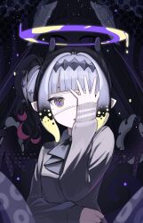  1girl absurdres black_gloves blunt_bangs chuunibyou commentary_request covering_one_eye gloves glowing glowing_halo halo head_wings highres hololive hololive_english long_hair long_sleeves mole mole_under_eye ninomae_ina'nis ninomae_ina'nis_(school_uniform) official_alternate_costume pointy_ears purple_halo ringed_eyes side_ponytail sweater tako_takover_(ninomae_ina'nis) tentacle_hair triangle_mouth uminonin46978 upper_body very_long_hair violet_eyes virtual_youtuber wings 
