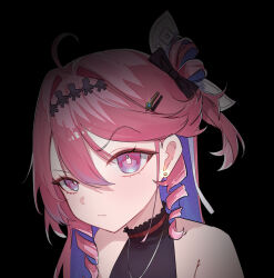  1girl absurdres ahoge alternate_costume bare_shoulders black_background closed_mouth colored_inner_hair commentary denia_(wuthering_waves) hair_between_eyes hair_intakes hair_ornament highres hiromi_two looking_at_viewer meme multicolored_hair pink_hair portrait purple_hair raised_eyebrow simple_background solo stud_piercings the_rock's_eyebrow_raise_(meme) violet_eyes wuthering_waves 