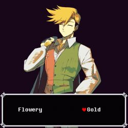  1boy black_background black_cape blonde_hair cape character_name closed_eyes collared_shirt commentary deltarune dialogue_options english_text flowery_(deltarune) green_vest heart highres holding holding_unworn_cape holding_unworn_clothes korean_commentary living_(nsiring) long_sleeves male_focus options orange_vest red_soul_(utdr) shirt short_hair solo soul_(utdr) two-tone_vest unworn_cape utdr_(toby_fox) very_short_hair vest white_shirt 