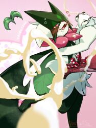  1other animal_hands animal_nose applecandy_prpr apron black_fur blush body_fur cape full_body furry green_fur green_hair heart icing looking_at_viewer mask meowscarada open_mouth other_focus pastry_bag pawpads pink_background pink_eyes pokemon pokemon_(creature) red_apron short_hair short_tail simple_background solo standing tail two-tone_fur waist_apron 