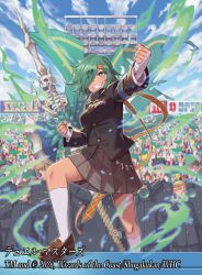  1girl 2026 6+boys 6+others armband audience aura bandaged_arm bandages baseball_stadium black_jacket brown_shoes clenched_hands clenched_teeth commentary_request copyright_notice crowd dragon_musume_ni_naritakunai! duel_masters flag gakuran green_aura green_eyes green_hair grey_skirt hair_over_one_eye headband i-la jacket kneehighs mikado_tetsuhito mole mole_under_eye multiple_boys multiple_others official_art orange_headband outdoors pleated_skirt school_uniform shirt shoes short_hair skirt skull smile socks solo_focus teeth white_shirt white_socks 