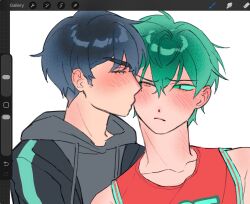 2boys alien_stage aqua_hair art_program_in_frame black_hair black_jacket blush green_eyes grey_hoodie highres hood hoodie ivan_(alien_stage) jacket jacket_over_hoodie jersey kiss male_focus multiple_boys ninjinsuni official_alternate_costume one_eye_closed procreate_(medium) red_tank_top short_hair tank_top thick_eyebrows till_(alien_stage) unfinished very_short_hair yaoi