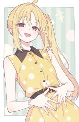  +++ 1950s_fashion 1girl ahoge alternate_costume belt black_belt blonde_hair blush bocchi_the_rock! bracelet collared_dress commentary_request contrast_collar dress e20 gem hair_ornament highres ijichi_nijika jewelry laughing long_hair long_sidelocks looking_at_viewer one_side_up open_mouth pearl pearl_bracelet polka_dot polka_dot_background polka_dot_dress ponytail shirt side_ponytail sidelocks sleeveless smile solo yellow_dress yellow_nails 