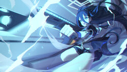  1girl :o aqua_halo aris_(blue_archive) bilingual_commentary black_hair black_hairband black_skirt blue_archive blue_background blue_eyes blue_pupils commentary cowboy_shot double-parted_bangs energy_cannon english_commentary floating_hair foreshortening gun hair_between_eyes hairband halo hands_up hanehane1103 highres holding holding_gun holding_weapon jacket korean_commentary leg_up long_hair long_hair_between_eyes long_sleeves looking_ahead loosely_tucked_bangs miniskirt mixed-language_commentary one_side_up open_mouth panties pantyshot powering_up railgun rectangular_halo skirt solo standing standing_on_one_leg teeth underwear upper_teeth_only v-shaped_eyebrows very_long_hair weapon white_jacket 