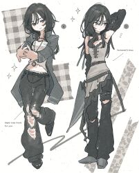 1girl absurdres belt black_belt commentary commission crop_top denim fashion grey_eyes greyscale highres jeans jewelry long_hair looking_at_viewer monochrome multiple_views navel necklace original pants solo takaya_riku torn_clothes torn_jeans torn_pants umbrella white_background 