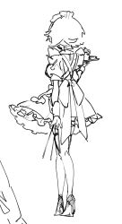  1girl apron between_fingers bow braid commentary_request dress facing_away frilled_dress frills from_behind fujimugi full_body greyscale hair_bow high_heels highres holding holding_knife holding_tray izayoi_sakuya knife knives_between_fingers long_hair maid maid_headdress monochrome solo touhou tray twin_braids waist_apron 