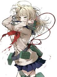  1girl ahha3_good bags_under_eyes blonde_hair blood blue_sailor_collar blunt_bangs boku_no_hero_academia breasts cardigan commentary_request highres holding holding_knife knife korean_commentary long_hair long_sleeves messy_hair neckerchief red_neckerchief sailor_collar school_uniform sidelocks simple_background skirt slit_pupils solo toga_himiko white_background yellow_cardigan yellow_eyes 