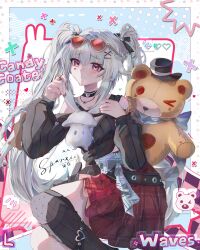  1girl absurdres bare_shoulders black_choker black_nails black_shirt black_skirt blunt_bangs blush braid choker commentary_request eyewear_on_head facial_mark feet_out_of_frame fishnet_thighhighs fishnets hair_ornament heart heart_facial_mark highres honkai:_star_rail honkai_(series) iz_enchanting jewelry long_hair long_sleeves looking_at_viewer necklace official_alternate_costume official_alternate_hairstyle parted_lips pink_eyes ring shade shirt single_thighhigh skirt solo sparkle_(honkai:_star_rail) sparxie_(candy-coated_waves)_(honkai:_star_rail) sparxie_(honkai:_star_rail) stuffed_animal stuffed_toy sunglasses teddy_bear thigh-highs twintails variant_set very_long_hair white_hair x_hair_ornament 