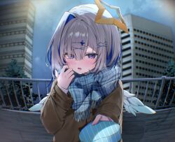  1girl adjusting_scarf alternate_costume amane_kanata angel_wings asymmetrical_hair blue_hair blue_scarf blue_wings blush bow box brown_coat building c10h14n2 chromatic_aberration city coat colored_inner_hair commentary_request duffel_coat feathered_wings fisheye gift gift_box gradient_wings grey_hair hair_ornament hair_over_one_eye hairclip halo highres holding holding_box holding_gift hololive incoming_gift long_sleeves looking_at_viewer mini_wings multicolored_hair multicolored_wings open_mouth plaid_clothes plaid_scarf pov_peephole railing scarf scarf_bow short_hair single_hair_intake solo star_halo tilted_halo tree upper_body valentine violet_eyes virtual_youtuber white_wings wings x_hair_ornament 