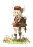  1girl 57friend absurdres ahoge backpack bag bangs blonde_hair bloomers blue_flower boots brown_footwear brown_gloves dated dress flower genshin_impact gloves grass hair_between_eyes hat hat_feather highres klee_(genshin_impact) long_sleeves low_twintails no_mouth pink_flower pointy_ears purple_flower red_dress red_eyes red_flower red_headwear sidelocks simple_background solo standing twintails underwear vision_(genshin_impact) white_background white_flower yellow_flower 
