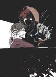  1boy 1girl animal_print blood blood_on_face chim_bab highres holding hood hoodie jacket jean_grey marvel peter_parker red_hair short_hair spider-man spider-man:_brand_new_day spider-man_(series) 