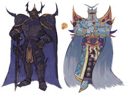  2boys armor bioodshower black_armor black_cape blue_armor blue_cape blue_helmet broad_shoulders cape commentary cuirass curled_fingers emoji english_commentary exdeath fake_horns final_fantasy final_fantasy_iv final_fantasy_v full_armor full_body gauntlets golbez greaves hand_on_hilt hand_on_own_hip helm helmet highres holding holding_sword holding_weapon horned_helmet horns male_focus multiple_boys muscular muscular_male pauldrons purple_nails shoulder_armor shoulder_spikes side-by-side simple_background spiked_pauldrons spikes standing sword thinking_emoji vambraces weapon white_background 