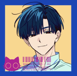  1boy alien_stage artist_logo barcode black_eyes black_hair blue_border border closed_eyes highres ivan_(alien_stage) light_smile logo male_focus nnf404 outside_border red_pupils shirt short_hair solo very_short_hair white_shirt yellow_background 