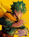  1boy absurdres artist_name belt bodysuit boku_no_hero_academia cape closed_mouth commentary english_commentary freckles frown gloves green_bodysuit green_eyes green_hair hands_up highres male_focus midoriya_izuku pepijopa red_belt scar scar_on_arm scar_on_hand short_hair simple_background single_glove solo white_gloves yellow_background yellow_cape 