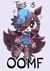  1girl absurdres animal_ears bare_shoulders birdblitz blue_flower blue_hat blue_rose brown_hair chibi dress english_text fascinator flipped_hair flower fur_choker hair_over_one_eye hat hat_flower highres horse_ears horse_girl horse_tail long_sleeves off-shoulder_dress off_shoulder rice_shower_(rosy_dreams)_(umamusume) rice_shower_(umamusume) rose shoes simple_background solo tail thigh-highs tilted_headwear umamusume 