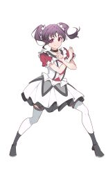  >:) 1girl absurdres black_boots black_choker boots chinese_commentary choker closed_mouth collarbone commentary_request frilled_shirt frilled_thighhighs frills full_body hair_ornament highres kazuno_leah legs_apart looking_at_viewer love_live! love_live!_sunshine!! pink_eyes puffy_short_sleeves puffy_sleeves purple_hair red_shirt ruoguiling self_control!! shirt short_sleeves simple_background skirt smile solo standing thigh-highs twintails v-shaped_eyebrows white_background white_skirt white_thighhighs 