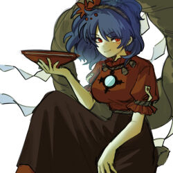  1girl ame_iru blue_hair blush brown_skirt commentary_request cup feet_out_of_frame hair_ornament highres holding holding_cup knee_up leaf_hair_ornament mirror puffy_short_sleeves puffy_sleeves red_eyes red_shirt rope rope_necklace sakazuki shide shimenawa shirt short_sleeves sitting sketch skirt slit_pupils smile solo touhou watermark white_background yasaka_kanako 