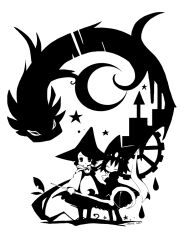  2girls closed_eyes closed_mouth commentary crescent_moon dragon dress greyscale hat holding holding_staff jester_cap leaf looking_at_viewer monochrome moon multiple_girls orange_lore original simple_background staff star_(symbol) white_background witch_hat 