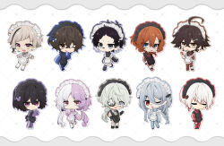  6+boys ahoge akutagawa_ryuunosuke_(bungou_stray_dogs) alternate_costume alternate_hairstyle apron bandaid bandaid_on_cheek bandaid_on_face bandaid_on_nose bell bell_earrings black_apron black_hair black_shoes blue_eyes blue_jacket blue_pants bone_hair_ornament braid bram_stoker_(bungou_stray_dogs) brown_eyes brown_hair bungou_stray_dogs chibi chibi_only closed_eyes closed_mouth collar commentary_request crossed_bangs cynitx dazai_osamu_(bungou_stray_dogs) earrings eyepatch facial_mark fang frilled_apron frills full_body fyodor_dostoyevsky_(bungou_stray_dogs) grey_eyes grey_hair grey_jacket grey_pants hair_between_eyes hair_ornament hairclip highres holding jacket jersey_maid jewelry jouno_saigiku_(bungou_stray_dogs) long_hair long_sleeves looking_at_viewer low_twintails maid maid_apron maid_headdress male_focus mark_under_eye medium_hair multicolored_eyes multicolored_hair multiple_boys nakahara_chuuya_(bungou_stray_dogs) nakajima_atsushi_(bungou_stray_dogs) nikolai_gogol_(bungou_stray_dogs) one_eye_closed open_mouth orange_hair pants pink_eyes pointy_ears purple_hair purple_jacket purple_pants red_eyes red_hair red_jacket red_pants scar scar_on_cheek scar_on_face shoes short_hair shorts sigma_(bungou_stray_dogs) simple_background single_braid single_earring sleeves_past_fingers sleeves_past_wrists smile socks split-color_hair streaked_hair suehiro_tetchou_(bungou_stray_dogs) track_jacket track_pants twintails two-tone_eyes two-tone_hair unconventional_maid violet_eyes white_apron white_hair 