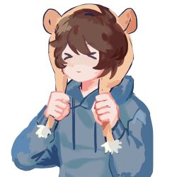  >_< 1boy adam_lanza ahoge animal_hat animification blue_hoodie brown_hair drawstring hands_up hat hat_with_ears highres hood hood_down hoodie light_blush light_smile lollt17 long_sleeves male_focus orange_hat pom_pom_(clothes) raised_eyebrows real_life short_hair swept_bangs true_crime upper_body white_background 