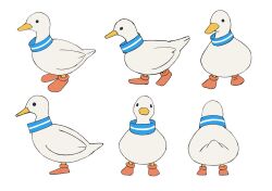  animal animal_focus azuma_kiyohiko bird blue_choker choker commentary duck full_body leg_up looking_at_viewer multiple_views no_humans original reference_sheet second-party_source simple_background tsuujou_ahiru white_background 