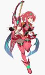  1girl aegis_sword_(xenoblade) bangs black_gloves breasts chest_jewel earrings fingerless_gloves gem gloves headpiece highres jewelry kinagi_(3307377) large_breasts looking_at_viewer pyra_(xenoblade) red_eyes red_shorts redhead short_hair short_shorts shorts solo swept_bangs sword thigh-highs tiara weapon xenoblade_chronicles_(series) xenoblade_chronicles_2 