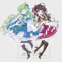 2girls :q ;q alternate_hairstyle ascot blue_skirt boots bow brown_boots brown_eyes brown_hair collared_shirt commentary_request detached_sleeves frilled_bow frilled_hair_tubes frilled_skirt frills frog_hair_ornament full_body gohei green_eyes green_hair hair_bow hair_ornament hair_tubes hakurei_reimu high_heel_boots high_heels highres holding holding_gohei kochiya_sanae lace-up_boots long_hair looking_at_viewer multiple_girls nikorashi-ka one_eye_closed open_mouth red_bow red_skirt ribbon-trimmed_sleeves ribbon_trim shirt single_hair_tube skirt skirt_set sleeveless sleeveless_shirt snake_hair_ornament star-shaped_pupils star_(symbol) symbol-shaped_pupils tongue tongue_out touhou very_long_hair watermark white_shirt yellow_ascot 