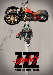 1girl absurdres akira_(manga) akira_movie_poster back black_gloves black_jacket black_skirt black_thighhighs braid caesar_king_(zenless_zone_zero) commentary copyright_name from_above fur-trimmed_jacket fur_trim gloves green_hair headgear high_heels highres jacket long_hair long_sleeves looking_afar low_ponytail motor_vehicle motorcycle multicolored_shoes outdoors parody pencil_skirt ponytail road shoes sidelocks single_braid skirt solo thigh-highs two-tone_shoes walking washin white_shoes zenless_zone_zero 