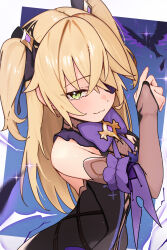  1girl :3 absurdres arm_strap bare_shoulders bird black_bird black_bow black_dress blonde_hair blush bow bowtie bridal_gauntlets brown_bridal_gauntlets closed_mouth commentary_request cowboy_shot dress eyepatch fischl_(genshin_impact) fishnet_top fishnets frilled_arm_strap frills genshin_impact green_eyes hair_bow hair_over_one_eye hand_up highres ivu_(eve0315y) long_bangs long_hair one_eye_covered purple_bow purple_bowtie sleeveless sleeveless_dress smile smug solo sparkle two_side_up very_long_hair 