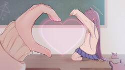  1girl black_socks blush chalkboard forced_perspective halo heart heart_hands heart_hands_duo highres hololive long_hair long_sleeves mismatched_heart_duo ninomae_ina'nis pleated_skirt pointy_ears remism skirt socks solo_focus takodachi_(ninomae_ina'nis) traditional_halo very_long_hair virtual_youtuber 