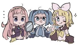  ... 3girls :d :q ;q alternate_hairstyle black_sleeves blonde_hair blue_eyes blue_hair blue_necktie blunt_bangs blush closed_mouth collared_shirt commentary cropped_torso detached_sleeves empty_eyes grey_shirt hair_ornament hairclip hatsune_miku highres holding holding_mirror kagamine_rin long_hair long_sleeves looking_at_viewer megurine_luka mirror multiple_girls n40a1 navel necktie one_eye_closed open_mouth outline parallel_hairclips pink_hair shirt short_hair simple_background sleeveless sleeveless_shirt smile sparkle tears tongue tongue_out turn_pale vocaloid white_background white_outline 