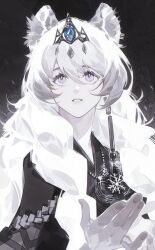  1girl absurdres animal_ear_fluff animal_ears arknights blue_gem braid chinese_commentary commentary_request gem greyscale hair_between_eyes highres long_hair looking_up monochrome object_floating_above_hand parted_lips pramanix_(arknights) pramanix_the_prerita_(arknights) snow_leopard_ears snow_leopard_girl snowflakes solo spot_color tiara twin_braids upper_body yi_tai_meiyou_xianshi_ping_de_zhuji 