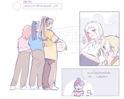  6+girls arm_around_another's_back ball blonde_hair blue_eyes blue_shirt brown_hair brown_pants colored_inner_hair commentary_request fujishima_megumi high_ponytail highres hinoshita_kaho holding holding_ball love_live! love_live!_hasu_no_sora_jogakuin_school_idol_club multicolored_hair multiple_girls murano_sayaka orange_hair osawa_rurino otomune_kozue pants pink_shirt pipi_(m1x_mix) ponytail red_hair red_streaks shirt sidelocks streaked_hair sweatdrop thai_commentary thai_text translation_request two_side_up v-shaped_eyebrows virtual_youtuber volleyball_(object) white_hair yellow_shirt yugiri_tsuzuri 