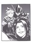  3boys arm_around_shoulder armor bangs black_hair cloud_strife covered_eyes crisis_core_final_fantasy_vii final_fantasy final_fantasy_vii framed gloves grey_background greyscale grin helmet helmet_over_eyes highres ho_fan kunsel looking_at_viewer lower_teeth male_focus monochrome multiple_boys open_mouth parted_bangs pointing pointing_at_viewer scarf selfie sharp_teeth shoulder_armor sleeveless sleeveless_turtleneck smile teeth turtleneck upper_body weapon weapon_on_back zack_fair 