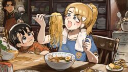  3girls :3 absurdres apron bird black_hair black_shirt blonde_hair blue_eyes blue_shirt bowl chair chicken chopsticks diva_(hyxpk) duck eating english_commentary food grey_eyes highres holding holding_chopsticks ladle long_hair multiple_girls noodles nose_bubble orange_apron orange_shirt original ponytail ramen rice_cooker shirt short_hair spill towel towel_around_neck you're_doing_it_wrong 