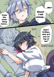1boy 1girl ellen_joe long_hair nodachi_(nodati51) shark_girl shark_tail short_hair sleeping wise_(zenless_zone_zero) zenless_zone_zero