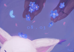  1boy absurdres blue_background blue_flower brown_gloves dated digimon digimon_(creature) flower flower_on_head forget-me-not_(flower) gloves highres jewelry out_of_frame remism ring signature simple_background tailmon wizarmon 