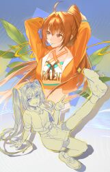  1girl absurdres ahoge alternate_costume alternate_hairstyle arms_up belt bike_shorts bike_shorts_under_skirt blush breasts brown_eyes brown_hair closed_mouth collarbone commentary cropped_jacket eiyuu_densetsu estelle_bright fingerless_gloves from_above full_body gloves hair_intakes hair_tie_in_mouth highres jacket kernel_killer leg_up long_hair looking_at_viewer medium_breasts miniskirt mouth_hold open_clothes open_jacket open_mouth pelvic_curtain ponytail shirt shoes sitting skirt smile sneakers solo sora_no_kiseki sparkle twintails untranslatable_commentary v 