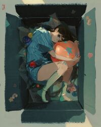  1girl 2026 artist_name black_eyes blue_sclera blue_shirt box colored_sclera dated fetal_position from_above highres in_box in_container kneehighs kokoc lying on_side original shirt socks striped_clothes striped_shirt vertical-striped_clothes vertical-striped_shirt 