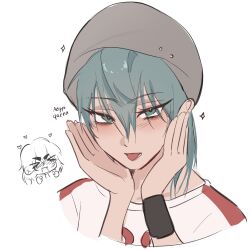  >_< 2girls alien_stage beanie blush commentary english_text genderswap genderswap_(mtf) green_eyes grey_hair grey_hat hat highres ivan_(alien_stage) medium_hair multiple_girls solo_focus till_(alien_stage) tongue tongue_out zlepyun 