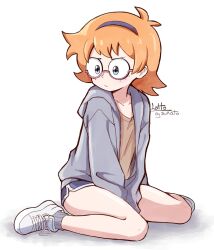  1girl absurdres artist_name blue_eyes blue_shorts blush brown_shirt character_name collarbone commentary english_commentary flat_chest freckles full_body glasses grey_hoodie grey_socks hairband hands_under_legs highres hood hood_down hoodie little_witch_academia long_sleeves looking_to_the_side lotte_jansson open_clothes open_hoodie orange_hair semi-rimless_eyewear shadow shirt shoes short_hair shorts sitting sneakers socks solo sukato_(sukato_) v-shaped_eyebrows wariza white_background white_shoes 