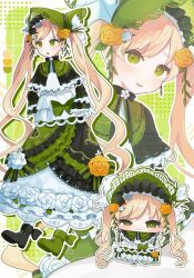  1girl artist_name asymmetrical_footwear black_bow black_bowtie black_capelet black_flower black_rose black_shoes blonde_hair bonnet bow bow_flower bowtie capelet commentary_request dress flower flower-trimmed_dress flower-trimmed_skirt frilled_capelet frilled_dress frilled_skirt frilled_sleeves frills green_background green_bonnet green_eyes green_shoes hair_flower hair_ornament highres layered_dress lolita_fashion long_hair long_sleeves mahou_shoujo_no_majo_saiban mismatched_footwear multiple_views open_mouth outline rose shoes signature skirt smile socks tono_hanna twintails two-tone_dress ui_miyapp watermark white_flower white_outline white_rose white_socks wide_sleeves winged_hat yellow_flower yellow_rose 